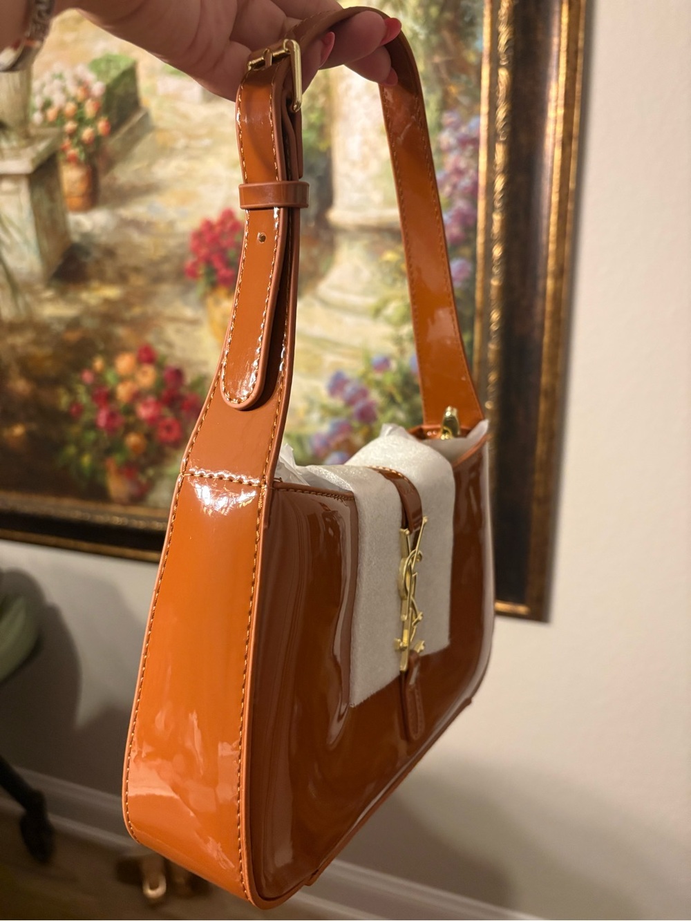 Sleek Patent Shoulder Bag with Gold Hardware